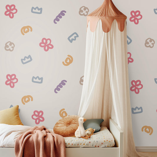 Abstract Wall Stickers, Doodle Flower Crown Nursery Decor, Colourful Shape Wall Decals, Kids Room Playroom Girls Peel and Stick Art