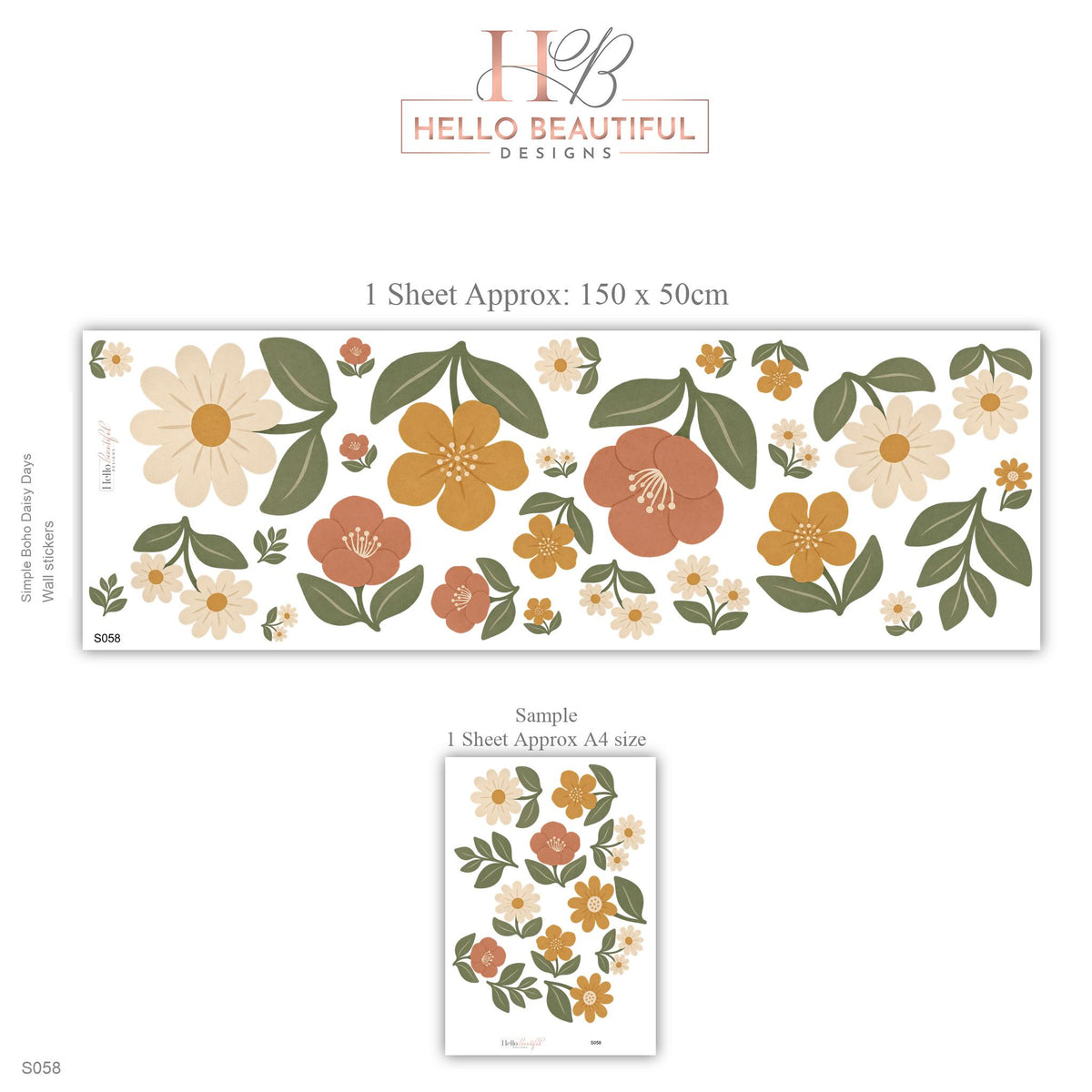 Boho Floral Wall Stickers, Daisy Nursery Decor, Wildflower Wall Decals, Girls Kids Room Sage Green Terracotta Peel and Stick Art
