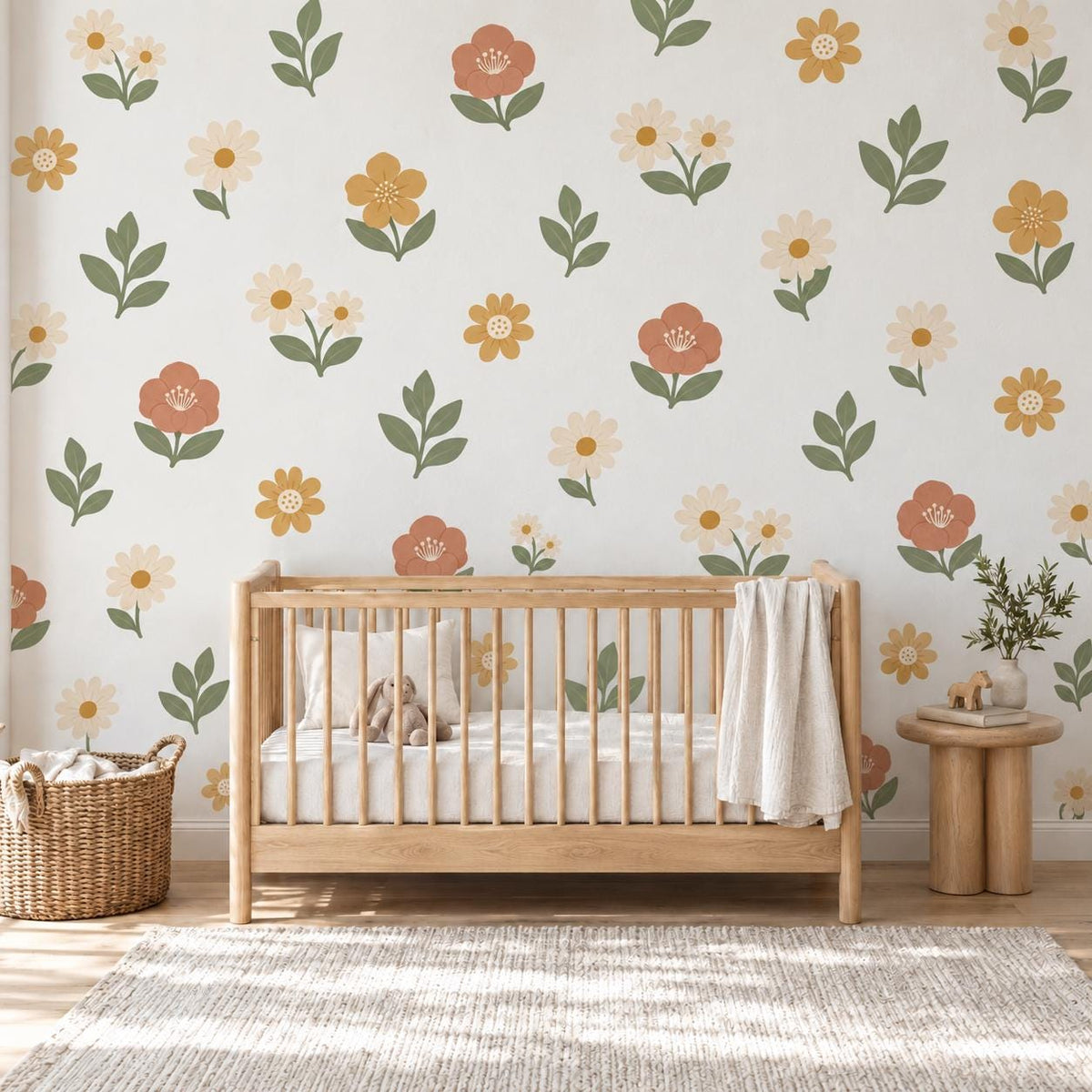 Boho Floral Wall Stickers, Daisy Nursery Decor, Wildflower Wall Decals, Girls Kids Room Sage Green Terracotta Peel and Stick Art