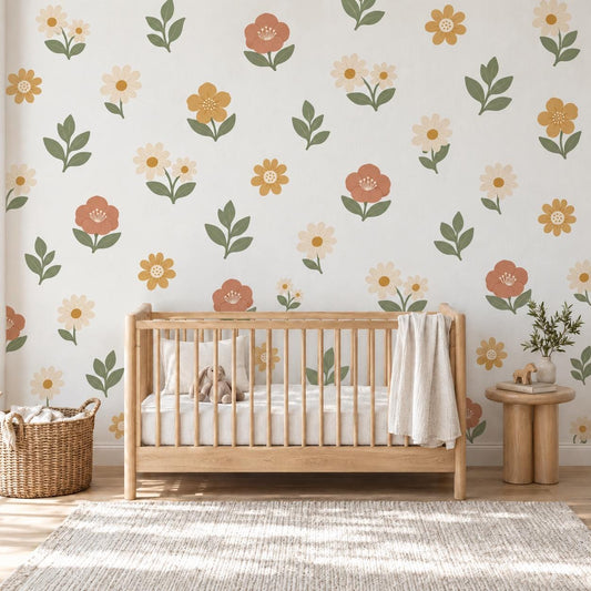 Boho Floral Wall Stickers, Daisy Nursery Decor, Wildflower Wall Decals, Girls Kids Room Sage Green Terracotta Peel and Stick Art