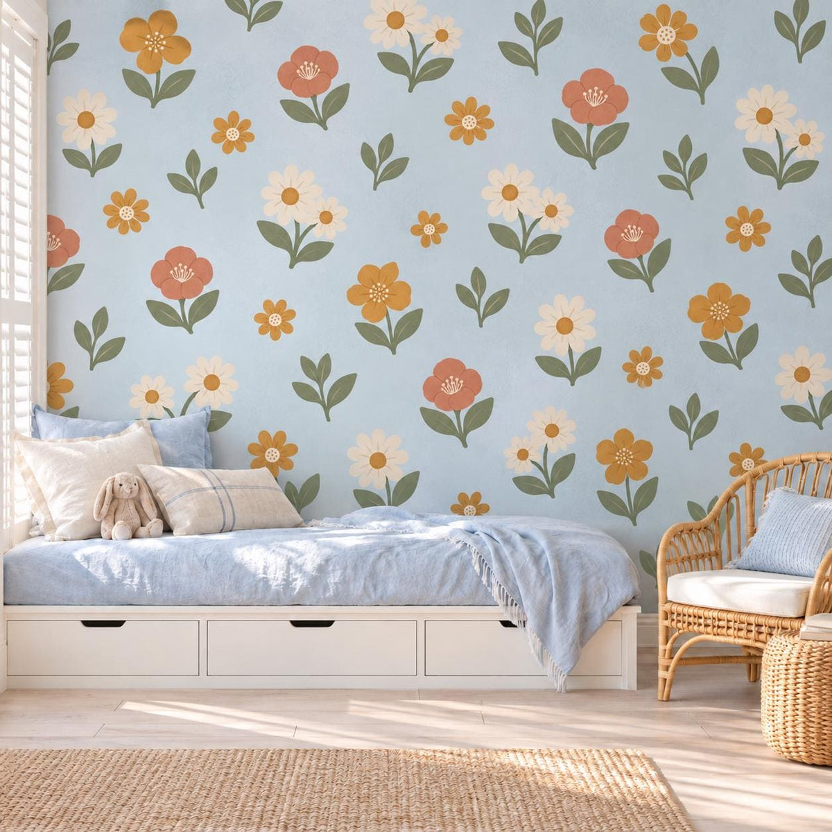 Boho Floral Wall Stickers, Daisy Nursery Decor, Wildflower Wall Decals, Girls Kids Room Sage Green Terracotta Peel and Stick Art