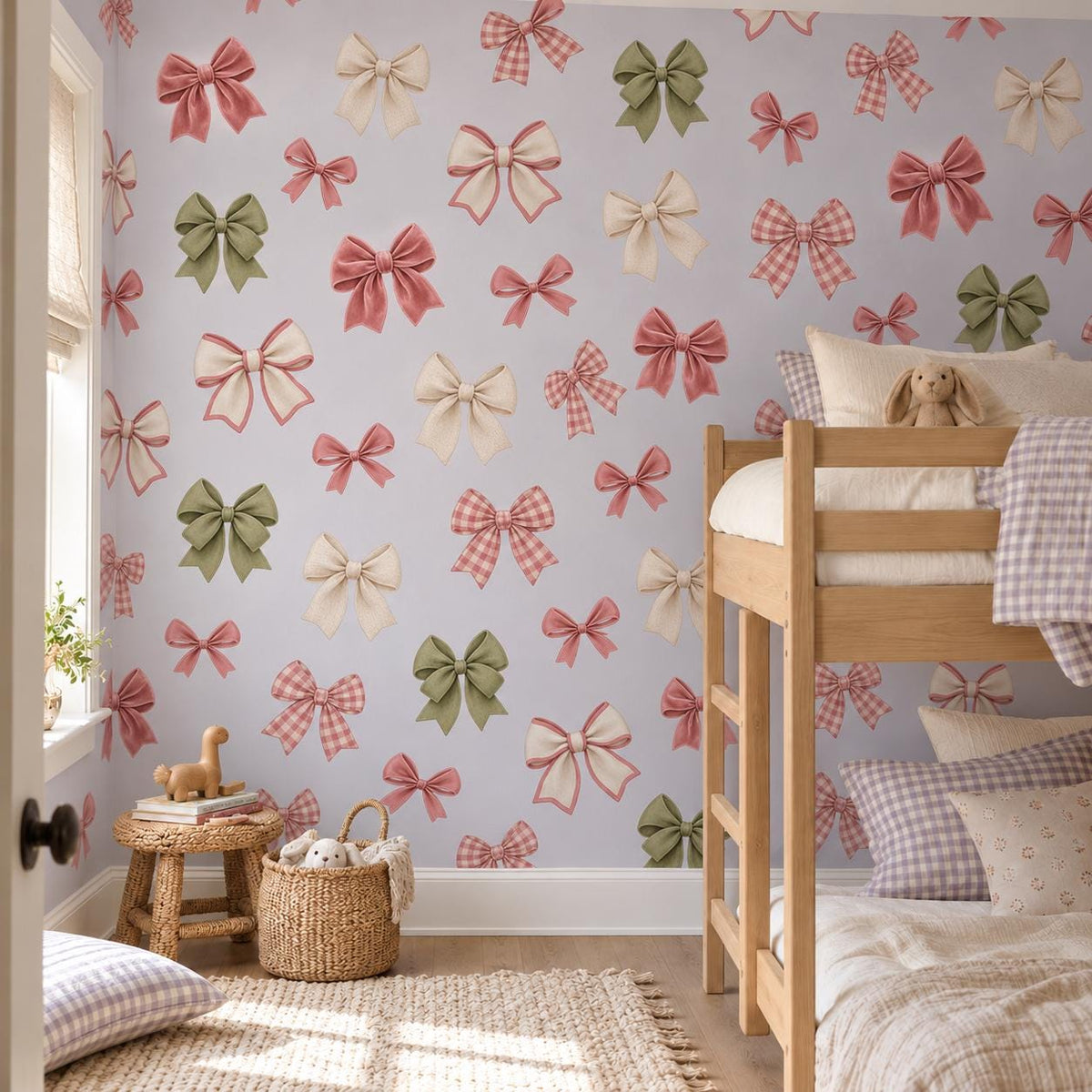 Bow Wall Stickers, Coquette Nursery Decor, Ribbon Bow Wall Decals, Girls Kids Room Pink Sage Green Gingham Peel and Stick Art