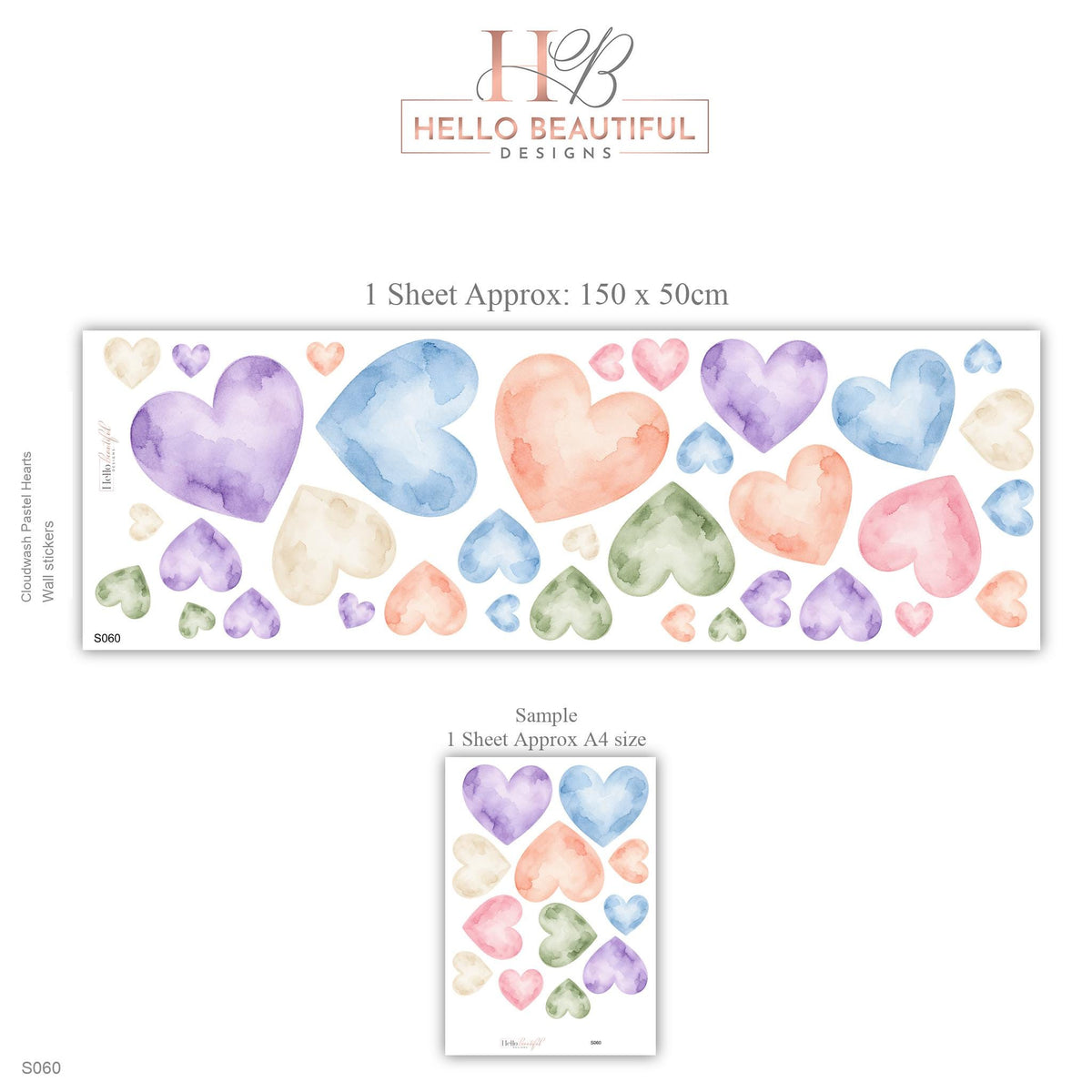 Heart Wall Stickers, Pastel Rainbow Nursery Decor, Watercolour Heart Wall Decals, Kids Room Gender Neutral Peel and Stick Art