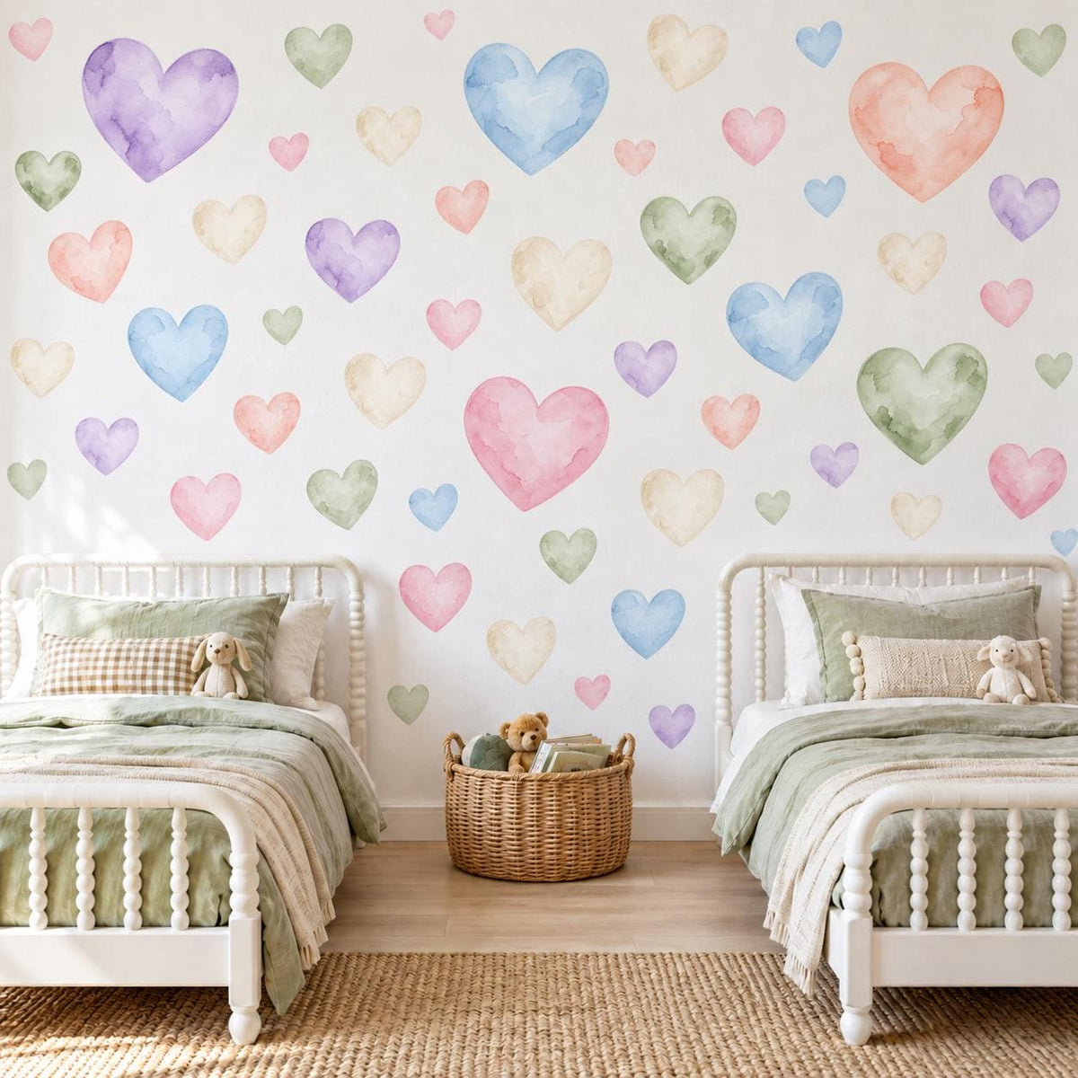 Heart Wall Stickers, Pastel Rainbow Nursery Decor, Watercolour Heart Wall Decals, Kids Room Gender Neutral Peel and Stick Art