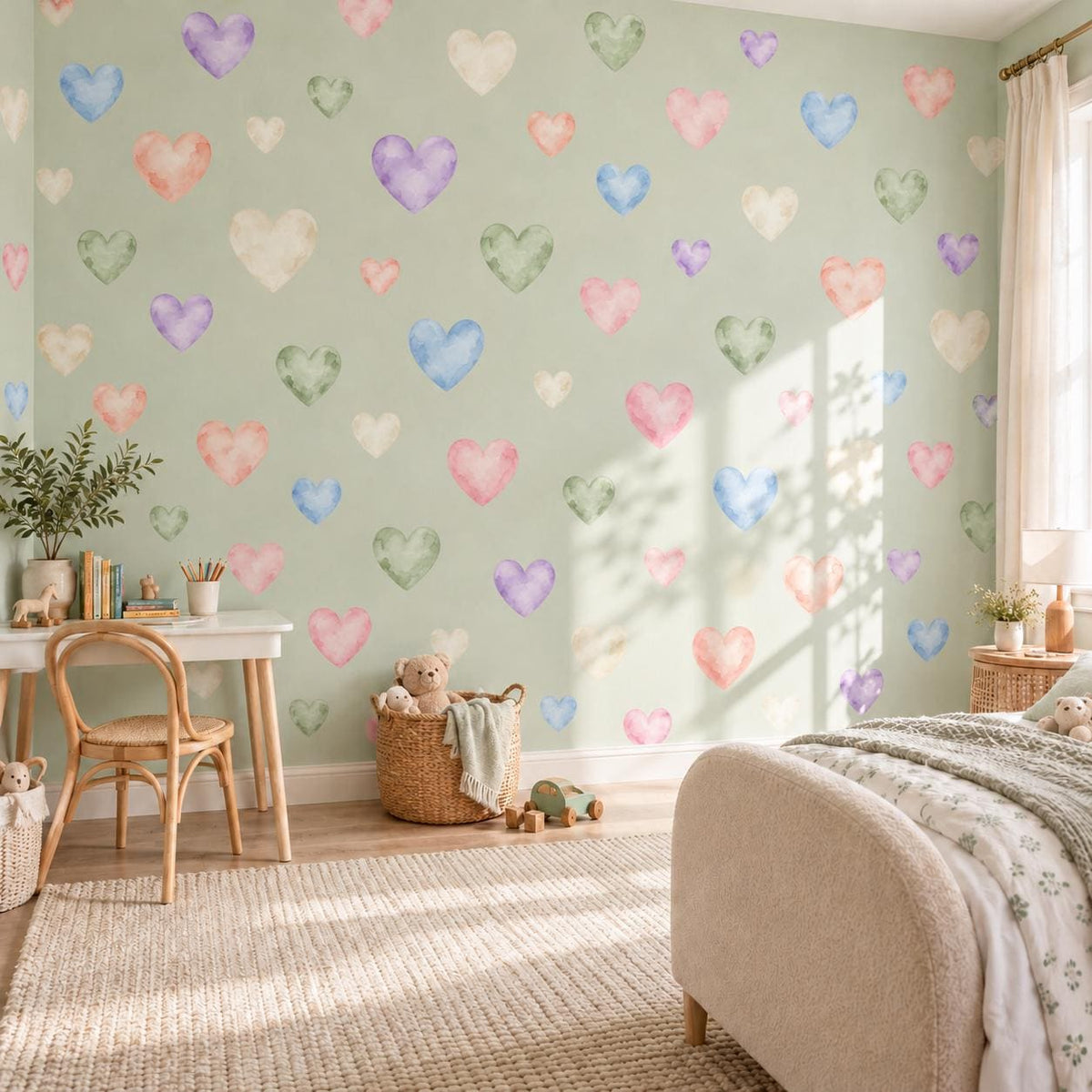 Heart Wall Stickers, Pastel Rainbow Nursery Decor, Watercolour Heart Wall Decals, Kids Room Gender Neutral Peel and Stick Art