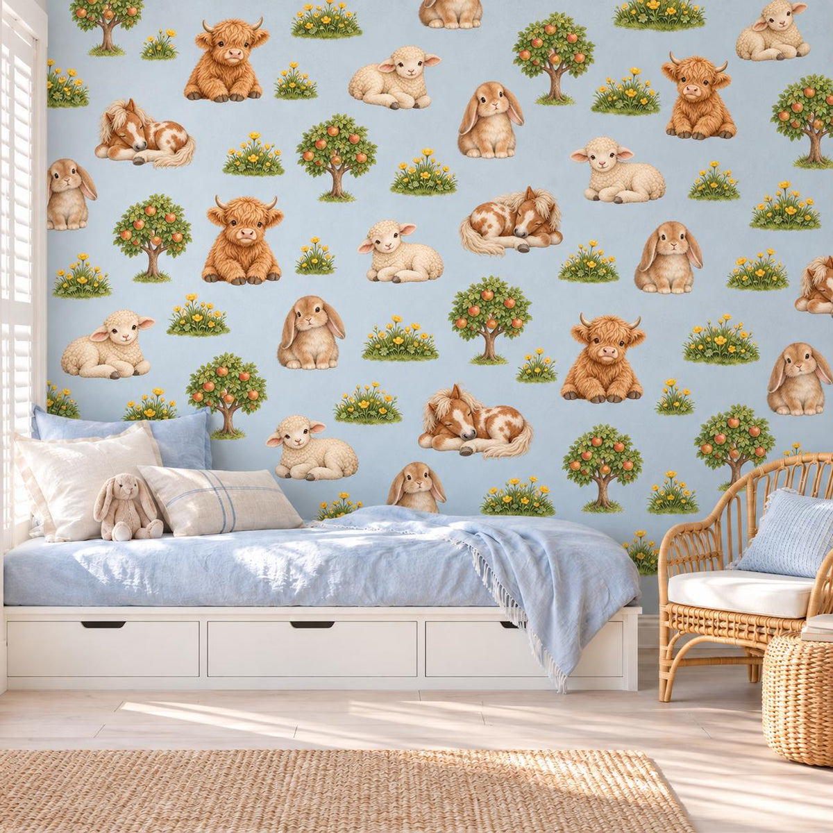 Highland Cow Wall Stickers, Farm Animal Nursery Decor, Bunny Lamb Pony Wall Decals, Kids Room Gender Neutral Peel and Stick Art