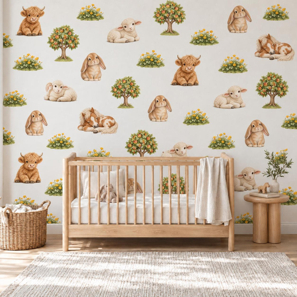 Highland Cow Wall Stickers, Farm Animal Nursery Decor, Bunny Lamb Pony Wall Decals, Kids Room Gender Neutral Peel and Stick Art