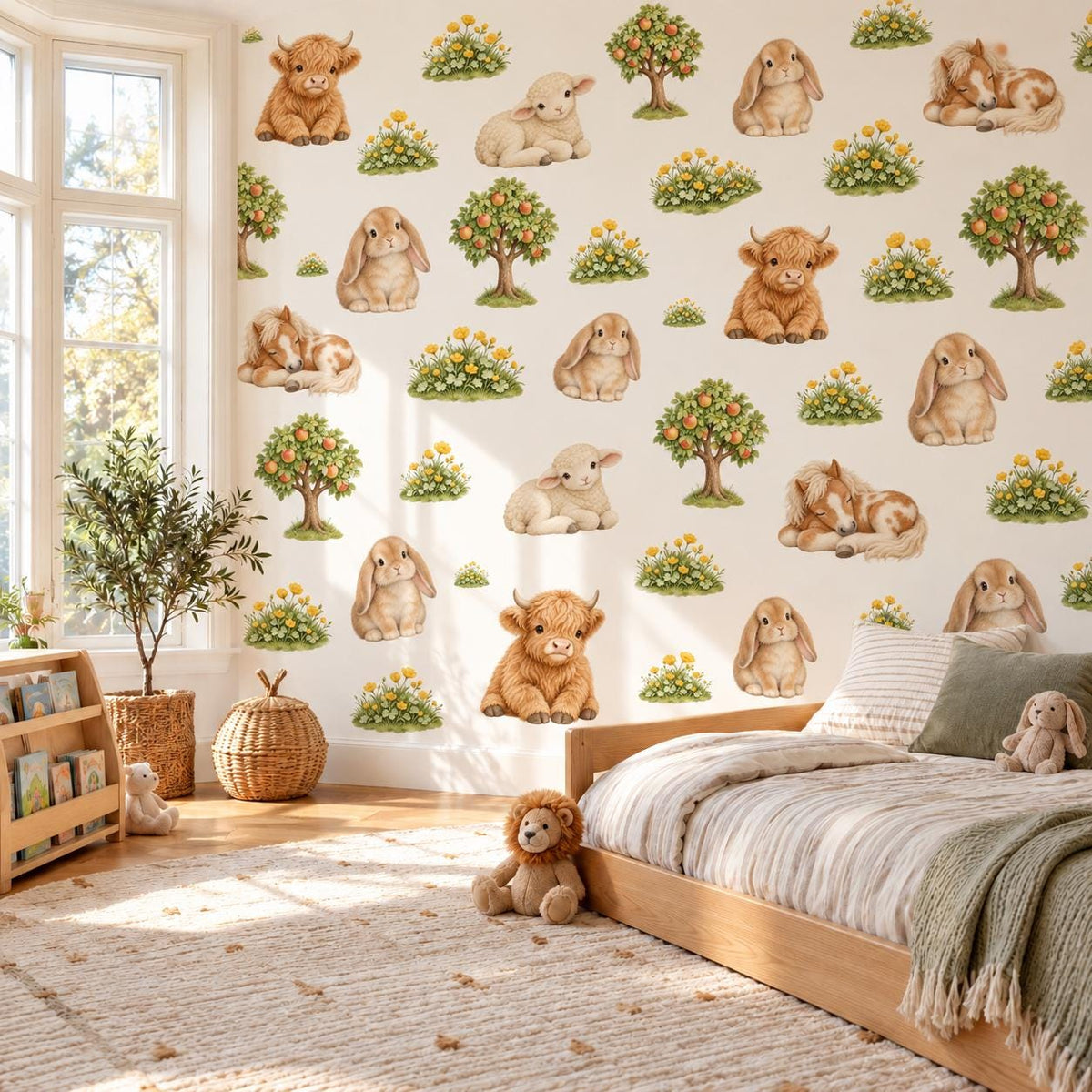 Highland Cow Wall Stickers, Farm Animal Nursery Decor, Bunny Lamb Pony Wall Decals, Kids Room Gender Neutral Peel and Stick Art