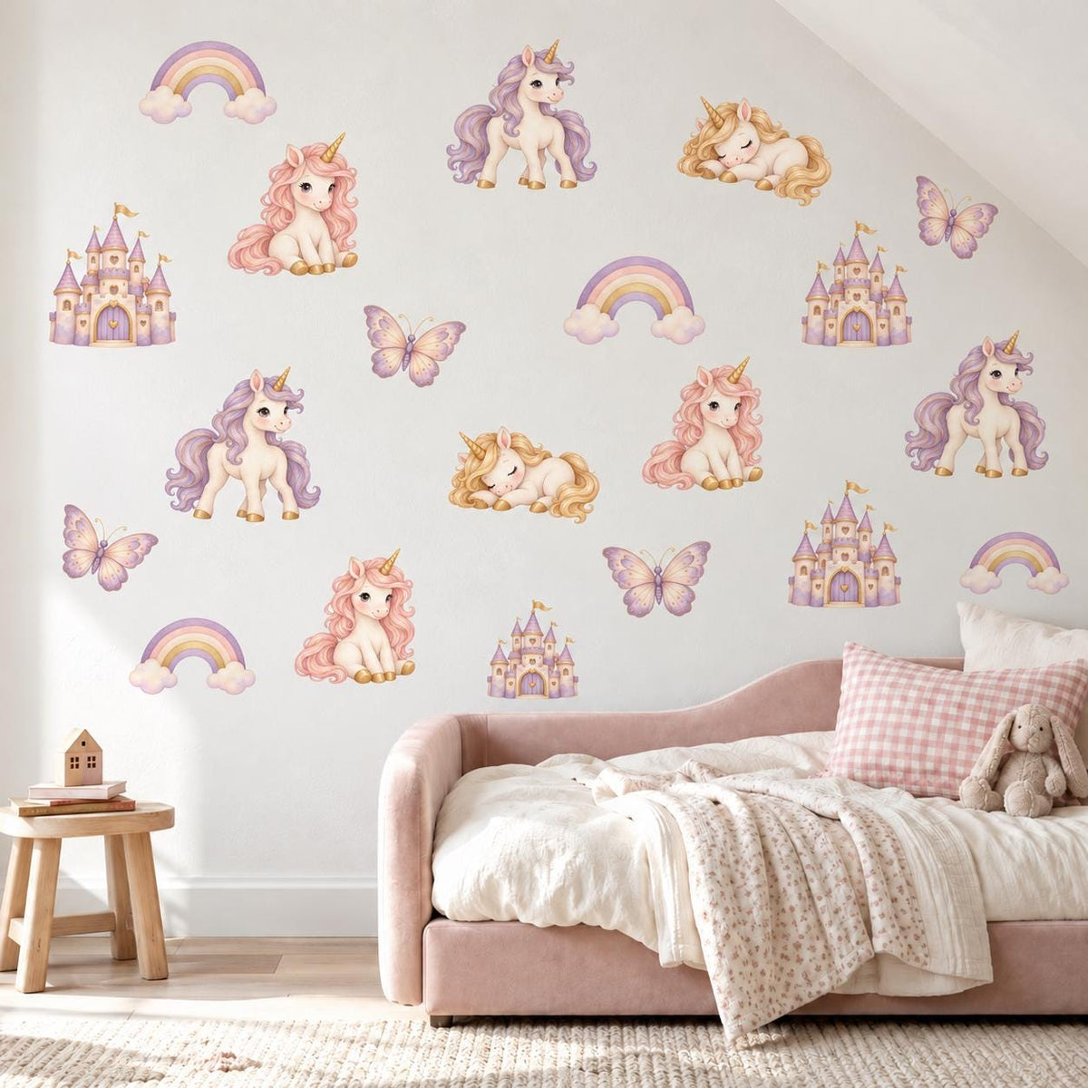 Unicorn Wall Stickers, Rainbow Nursery Decor, Castle Butterfly Wall Decals, Girls Kids Room Pink Purple Magical Peel and Stick Art