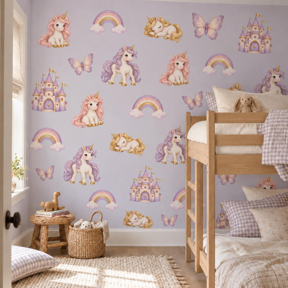 Unicorn Wall Stickers, Rainbow Nursery Decor, Castle Butterfly Wall Decals, Girls Kids Room Pink Purple Magical Peel and Stick Art