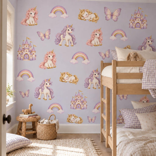 Unicorn Wall Stickers, Rainbow Nursery Decor, Castle Butterfly Wall Decals, Girls Kids Room Pink Purple Magical Peel and Stick Art