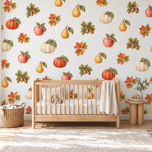 Autumn Wall Stickers, Pumpkin Fall Decor, Apple Pear Acorn Leaf Wall Decals, Kitchen Nursery Kids Room Peel and Stick Wall Art