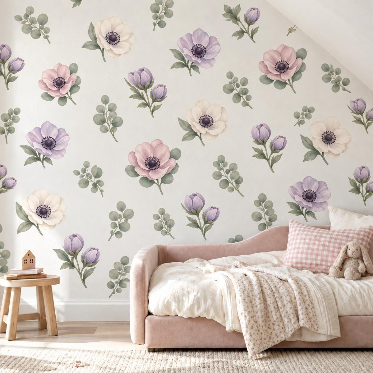 Floral Wall Stickers, Watercolour Anemone Nursery Decor, Purple Flower Eucalyptus Wall Decals, Girls Bedroom Peel and Stick Art