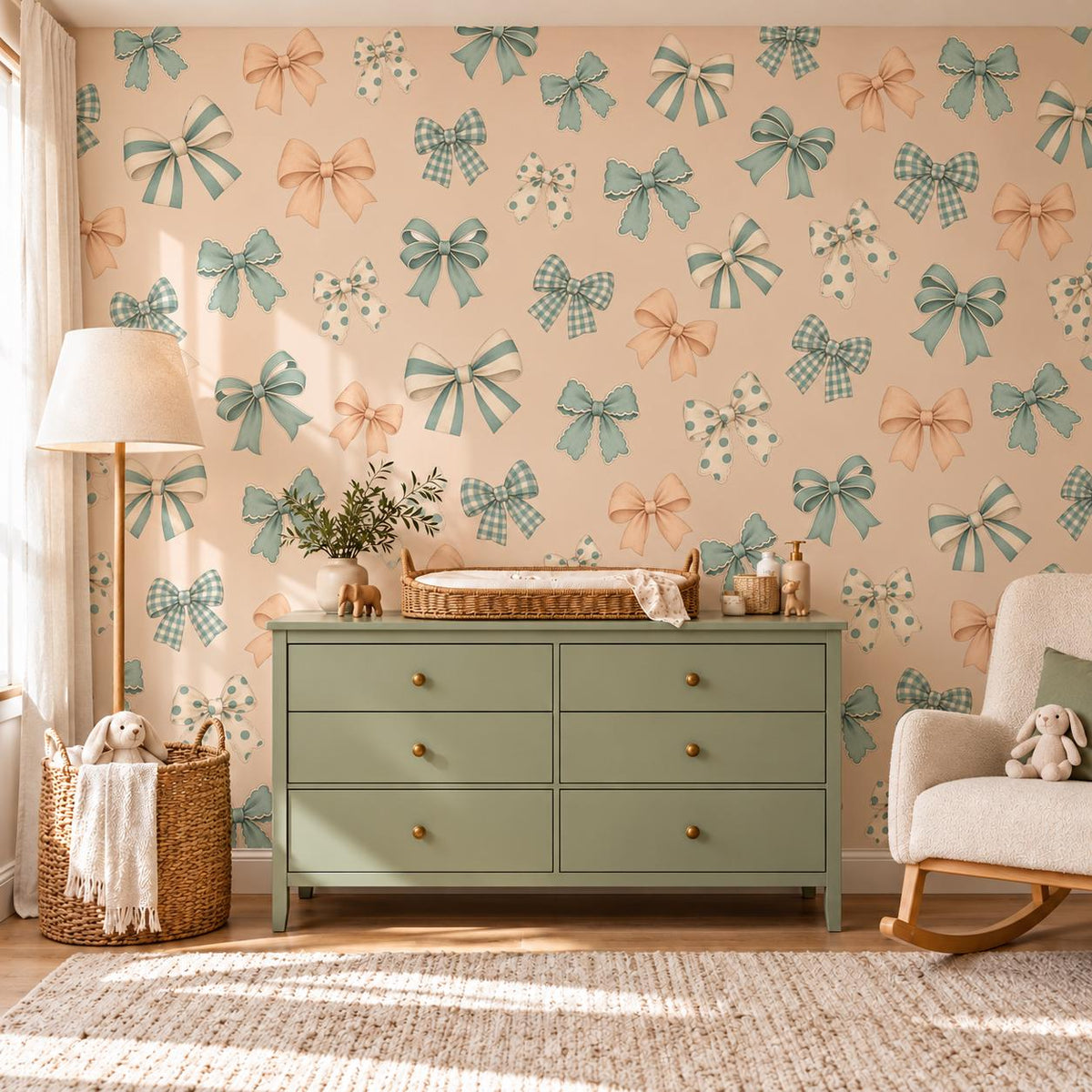 Sage Green Bow Wall Stickers, Gingham Coquette Nursery Decor, Scalloped Ribbon Bow Wall Decals, Neutral Kids Room Peel and Stick Art