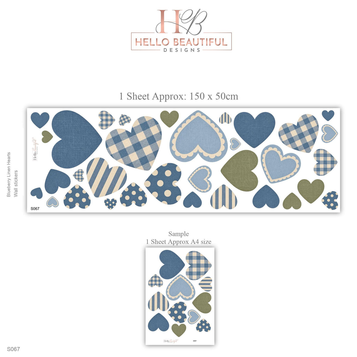 Blue Heart Wall Stickers, Gingham Boys Nursery Decor, Patterned Heart Wall Decals, Kids Room Navy Green Country Peel and Stick Art