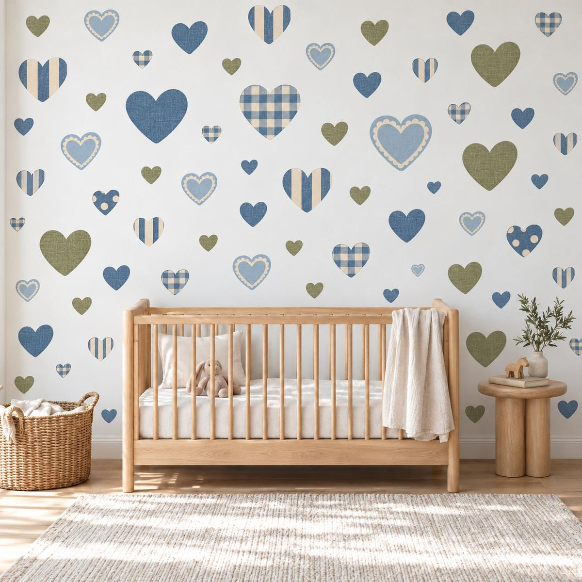 Blue Heart Wall Stickers, Gingham Boys Nursery Decor, Patterned Heart Wall Decals, Kids Room Navy Green Country Peel and Stick Art