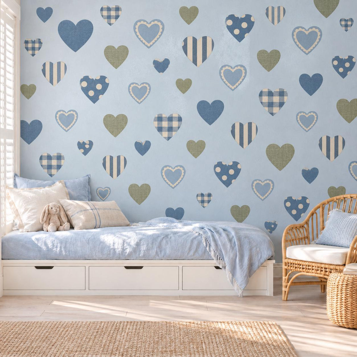 Blue Heart Wall Stickers, Gingham Boys Nursery Decor, Patterned Heart Wall Decals, Kids Room Navy Green Country Peel and Stick Art