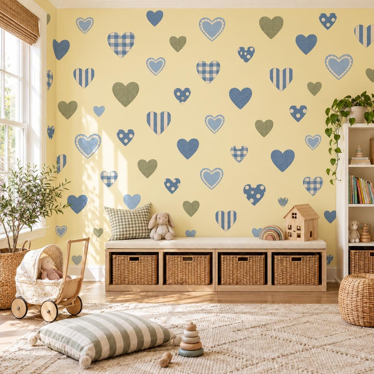 Blue Heart Wall Stickers, Gingham Boys Nursery Decor, Patterned Heart Wall Decals, Kids Room Navy Green Country Peel and Stick Art