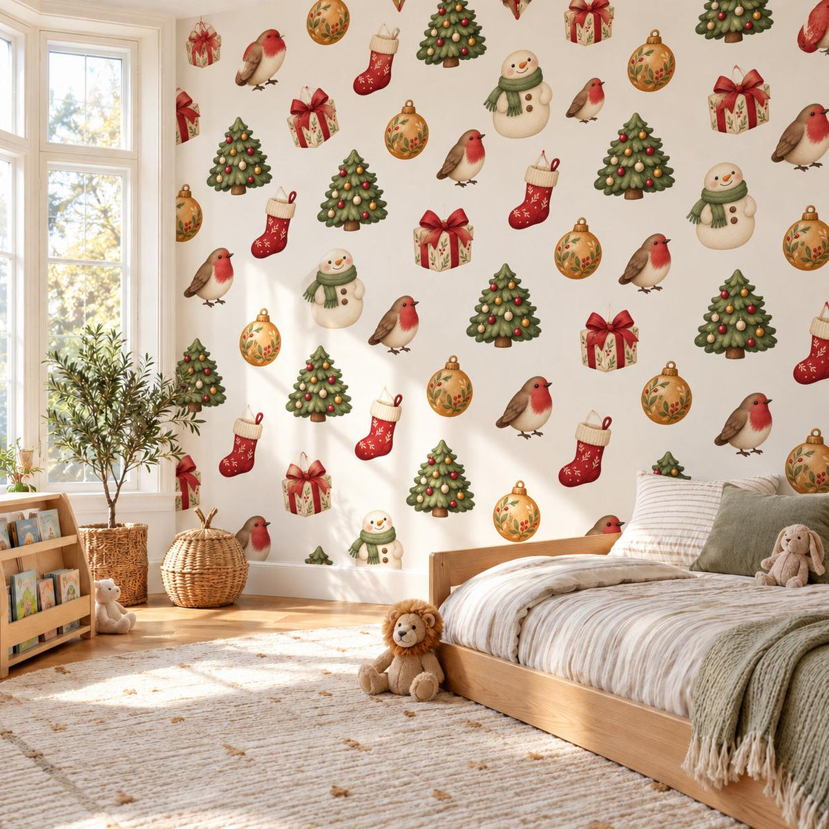 Traditional Christmas Wall Stickers, Nordic Festive Decor, Robin Stocking Snowman Tree Wall Decals, Home Kids Room Peel and Stick Art