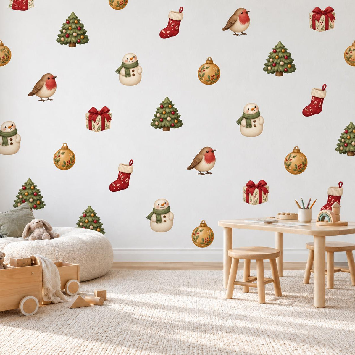 Traditional Christmas Wall Stickers, Nordic Festive Decor, Robin Stocking Snowman Tree Wall Decals, Home Kids Room Peel and Stick Art