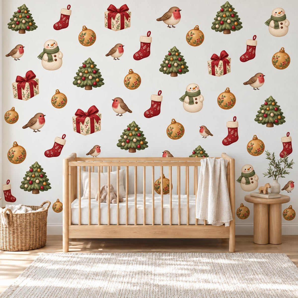 Traditional Christmas Wall Stickers, Nordic Festive Decor, Robin Stocking Snowman Tree Wall Decals, Home Kids Room Peel and Stick Art