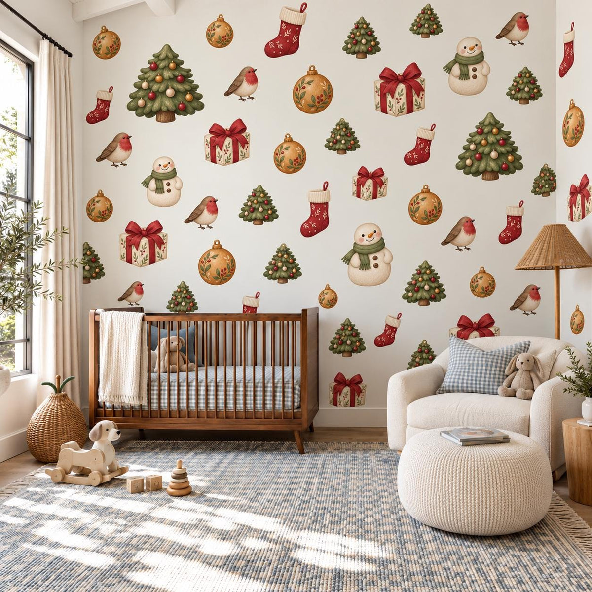 Traditional Christmas Wall Stickers, Nordic Festive Decor, Robin Stocking Snowman Tree Wall Decals, Home Kids Room Peel and Stick Art