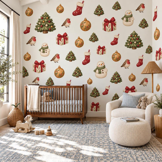 Traditional Christmas Wall Stickers, Nordic Festive Decor, Robin Stocking Snowman Tree Wall Decals, Home Kids Room Peel and Stick Art