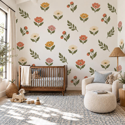 Boho Poppy Wall Stickers, Scandi Floral Nursery Decor, Retro Flower Wall Decals, Girls Kids Room Terracotta Mustard Peel and Stick Art