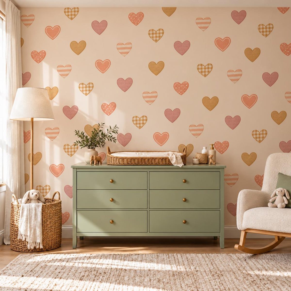 Boho Heart Wall Stickers, Terracotta Peach Nursery Decor, Patchwork Heart Wall Decals, Girls Kids Room Earthy Peel and Stick Art