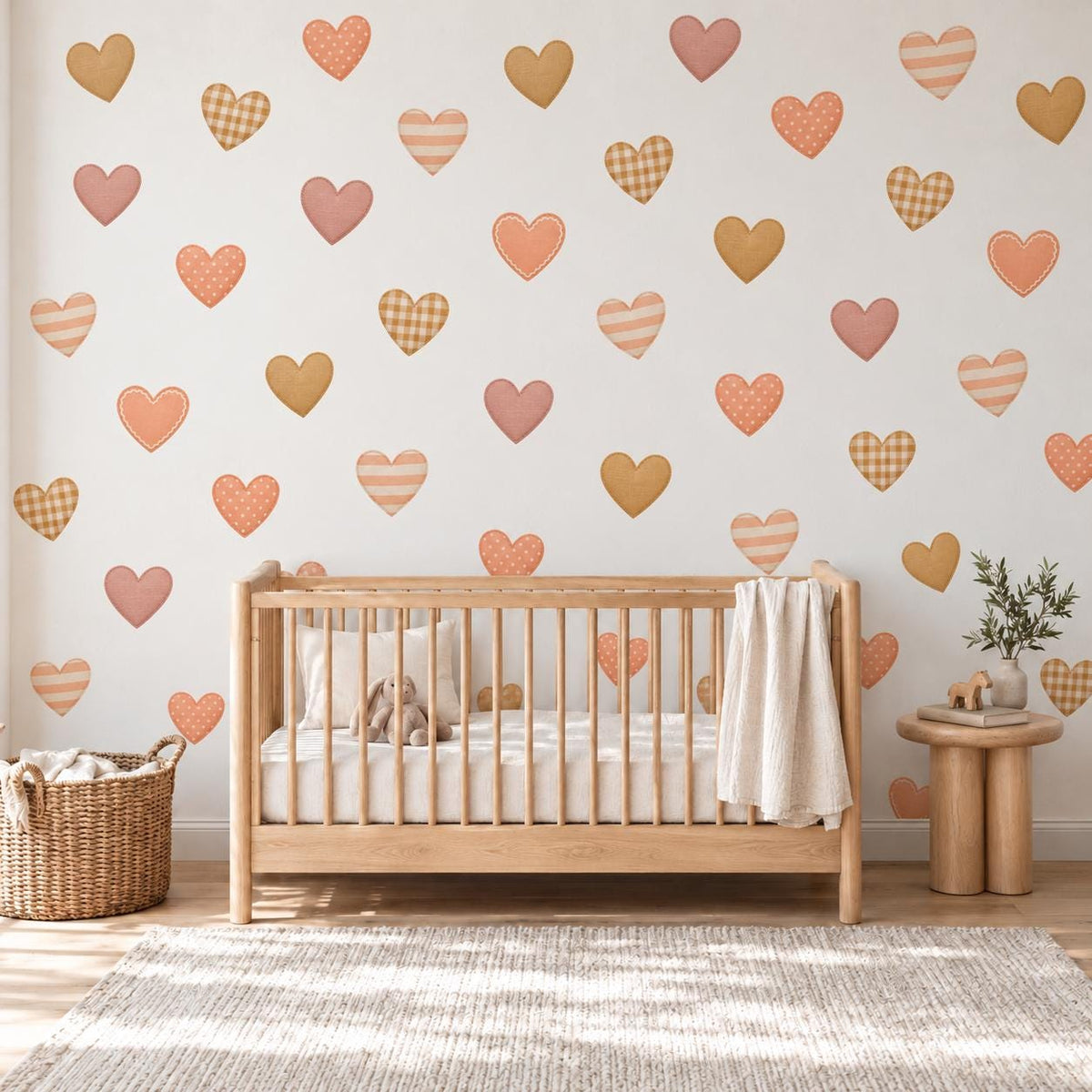 Boho Heart Wall Stickers, Terracotta Peach Nursery Decor, Patchwork Heart Wall Decals, Girls Kids Room Earthy Peel and Stick Art