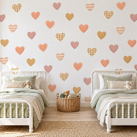 Boho Heart Wall Stickers, Terracotta Peach Nursery Decor, Patchwork Heart Wall Decals, Girls Kids Room Earthy Peel and Stick Art
