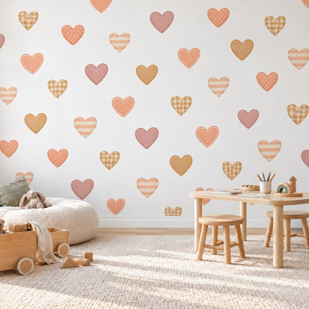 Boho Heart Wall Stickers, Terracotta Peach Nursery Decor, Patchwork Heart Wall Decals, Girls Kids Room Earthy Peel and Stick Art