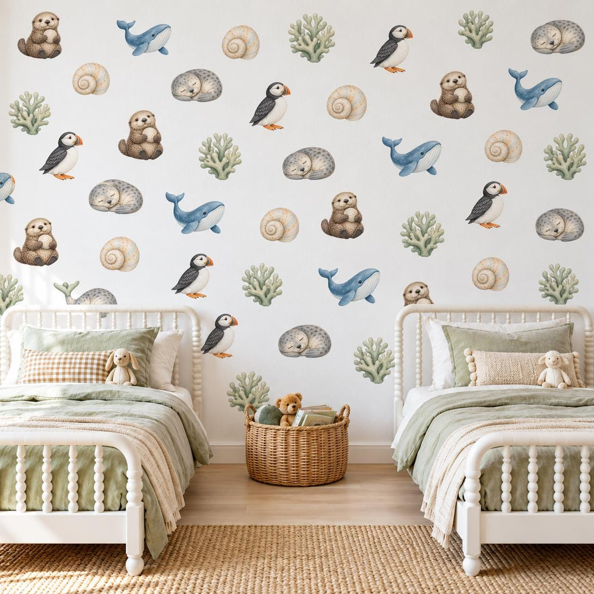 Sea Animal Wall Stickers, Coastal Nursery Decor, Otter Puffin Whale Seal Wall Decals, Kids Room Gender Neutral Peel and Stick Art