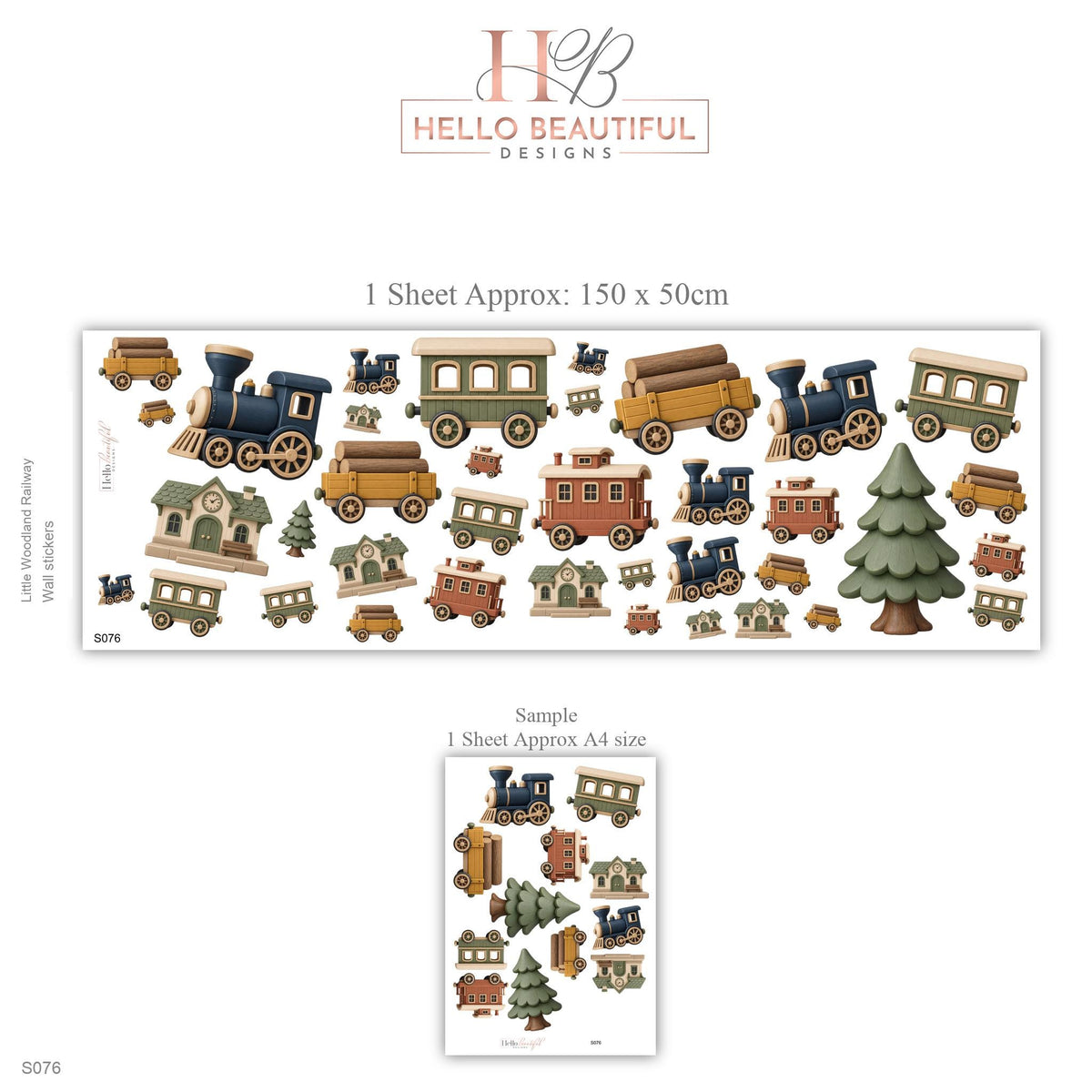 Train Wall Stickers, Woodland Railway Nursery Decor, Steam Train Pine Tree Wall Decals, Boys Kids Room Peel and Stick Wall Art