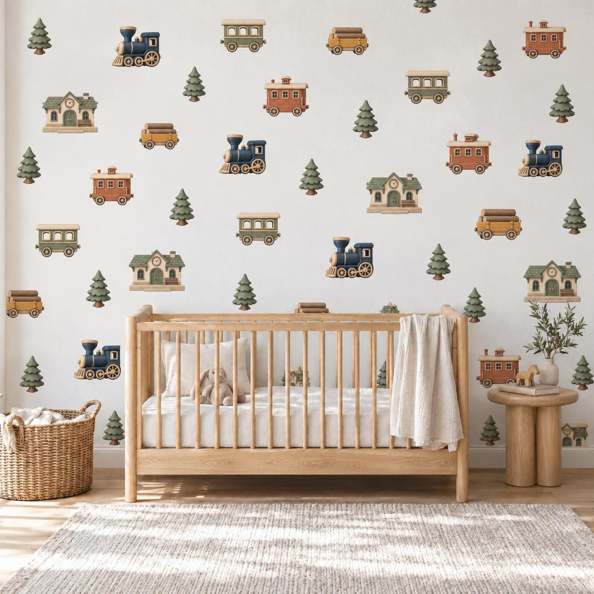 Train Wall Stickers, Woodland Railway Nursery Decor, Steam Train Pine Tree Wall Decals, Boys Kids Room Peel and Stick Wall Art