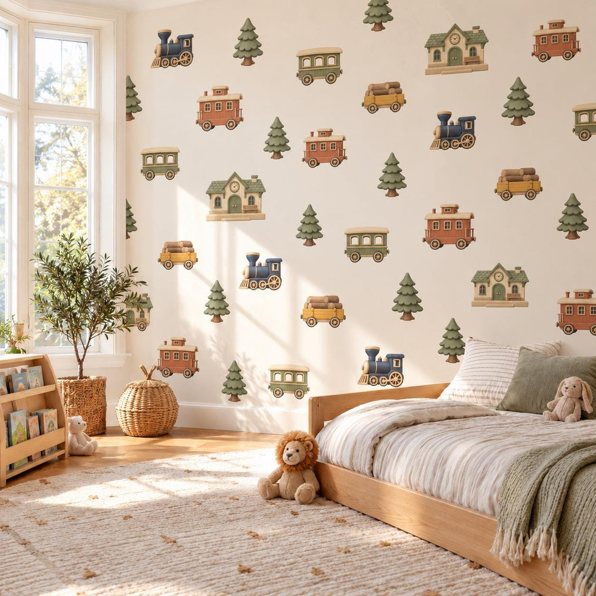Train Wall Stickers, Woodland Railway Nursery Decor, Steam Train Pine Tree Wall Decals, Boys Kids Room Peel and Stick Wall Art