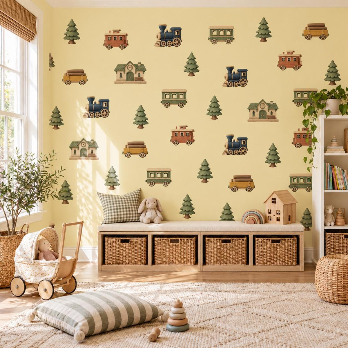 Train Wall Stickers, Woodland Railway Nursery Decor, Steam Train Pine Tree Wall Decals, Boys Kids Room Peel and Stick Wall Art