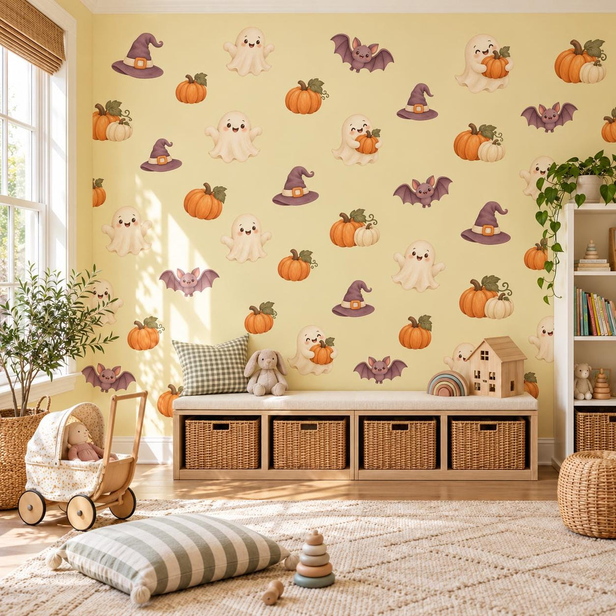 Halloween Wall Stickers, Cute Ghost Pumpkin Nursery Decor, Bat Witch Hat Wall Decals, Kids Room Peel and Stick Wall Art