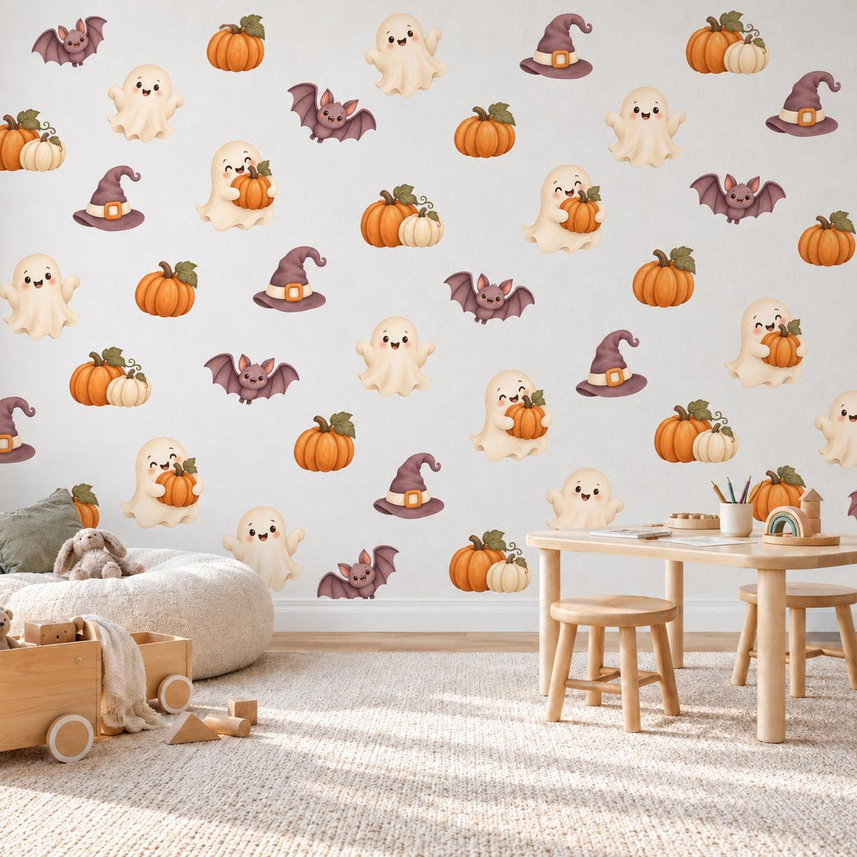 Halloween Wall Stickers, Cute Ghost Pumpkin Nursery Decor, Bat Witch Hat Wall Decals, Kids Room Peel and Stick Wall Art