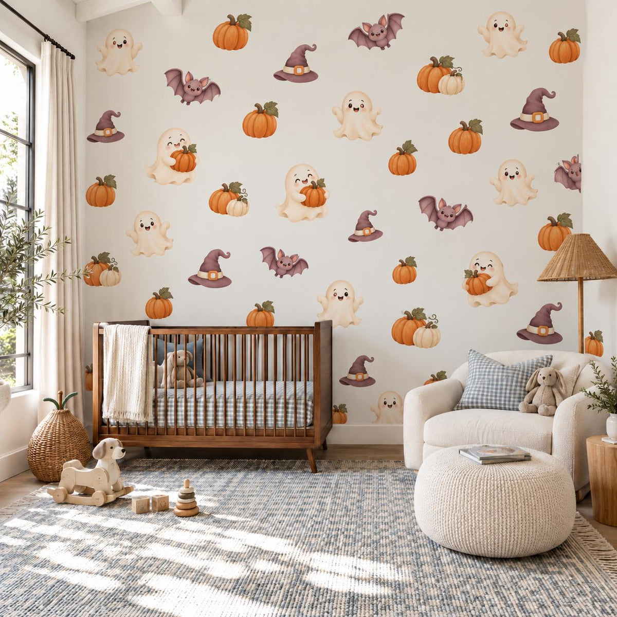 Halloween Wall Stickers, Cute Ghost Pumpkin Nursery Decor, Bat Witch Hat Wall Decals, Kids Room Peel and Stick Wall Art