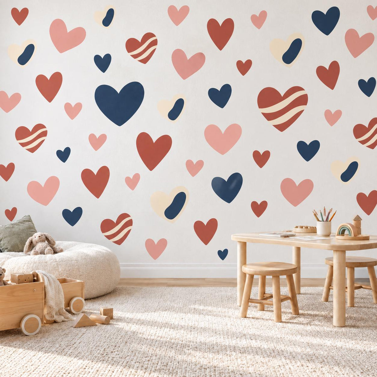 Heart Wall Stickers, Navy Terracotta Nursery Decor, Boho Heart Wall Decals, Girls Kids Room Pink Blue Peel and Stick Wall Art
