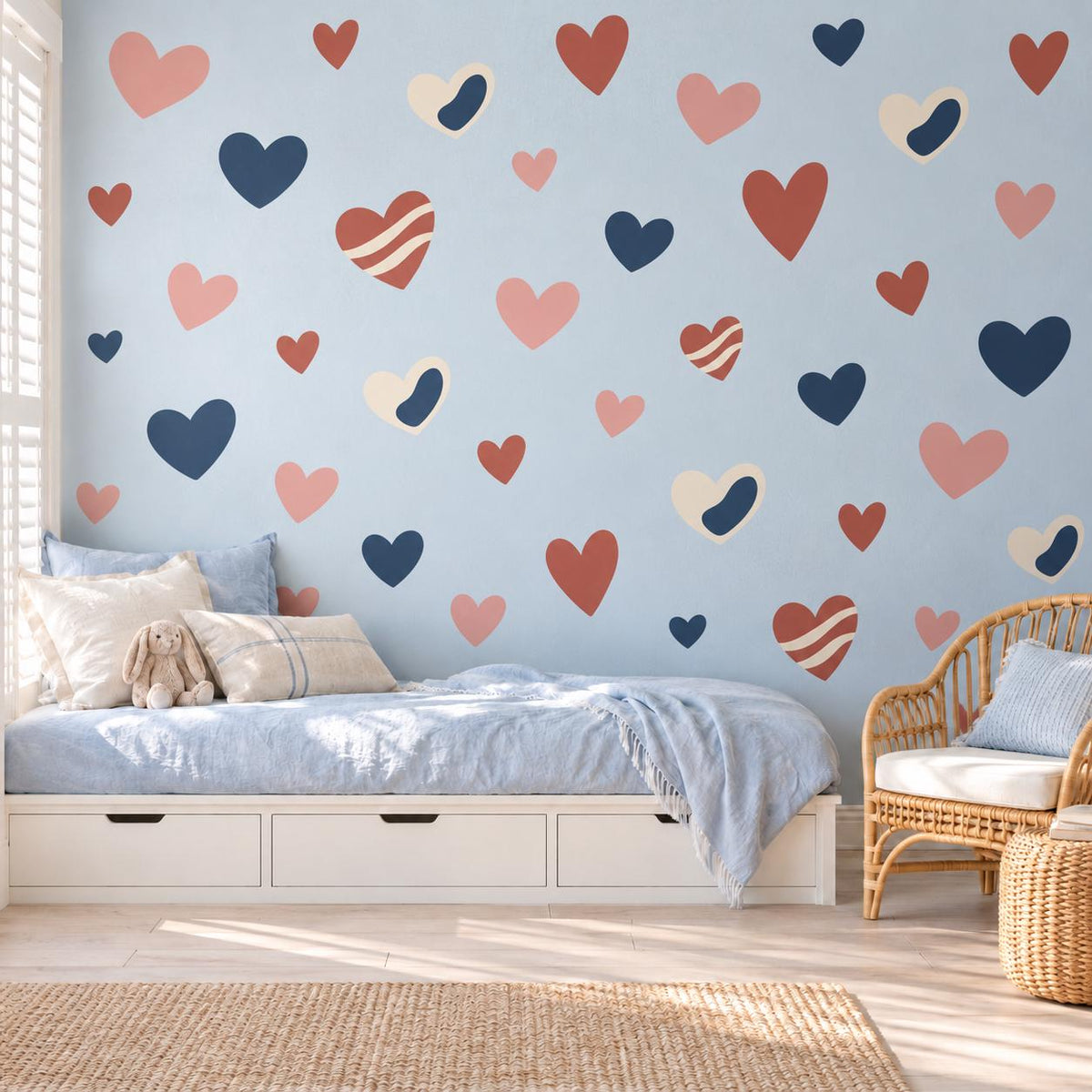 Heart Wall Stickers, Navy Terracotta Nursery Decor, Boho Heart Wall Decals, Girls Kids Room Pink Blue Peel and Stick Wall Art