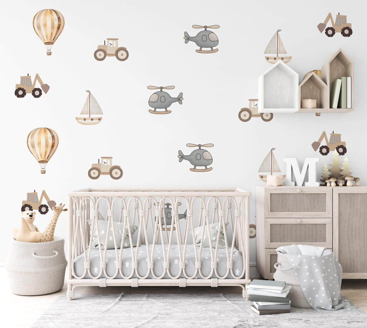 Transport Wall Stickers, Boho Neutral Nursery Decor, Tractor Digger Helicopter Wall Decals, Baby Boy Kids Room Peel and Stick Art