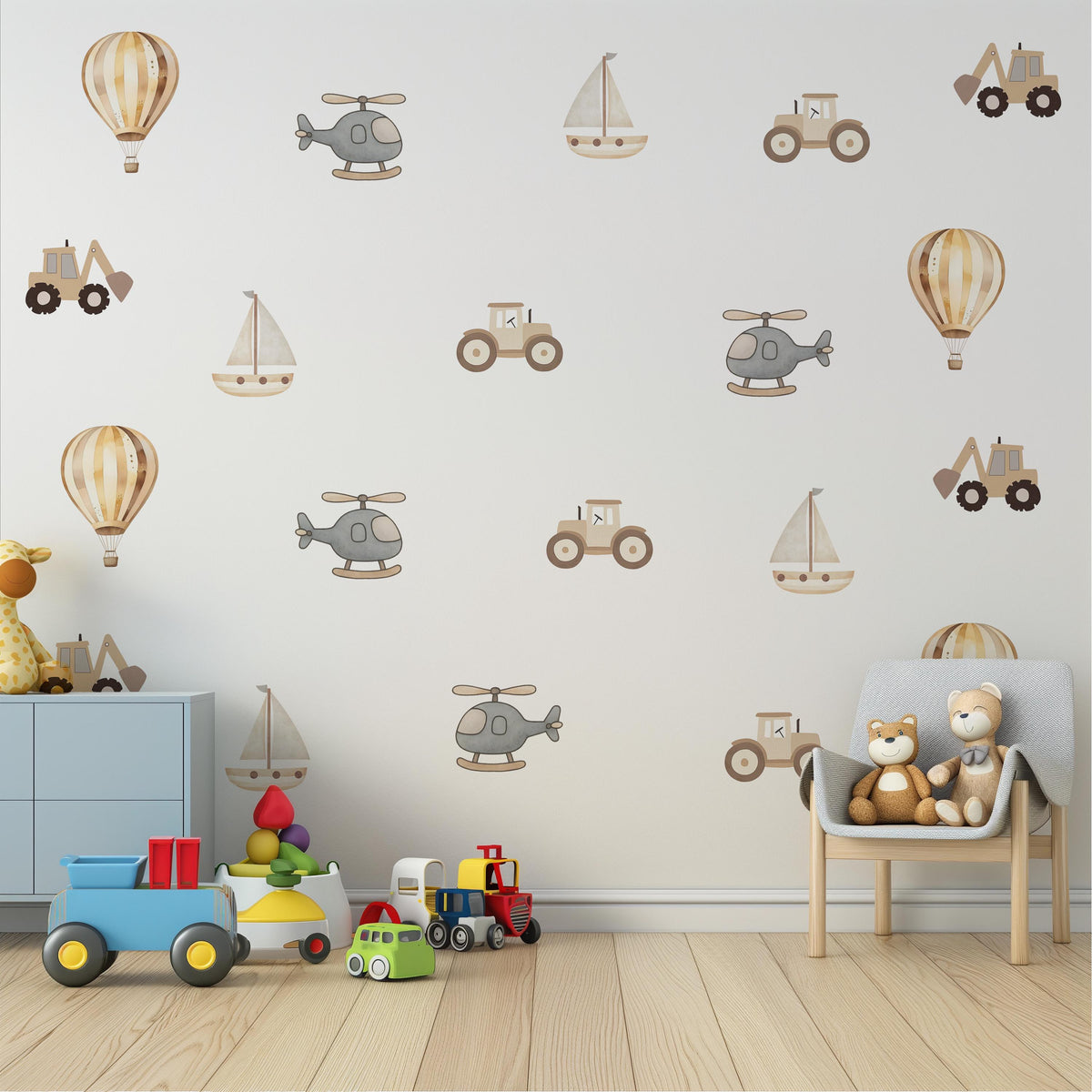 Transport Wall Stickers, Boho Neutral Nursery Decor, Tractor Digger Helicopter Wall Decals, Baby Boy Kids Room Peel and Stick Art