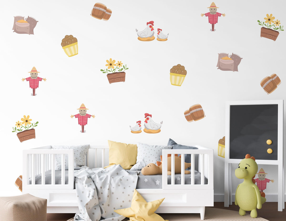 Farm Wall Stickers, Farmyard Nursery Decor, Scarecrow Hen Harvest Wall Decals, Kids Room Autumn Gender Neutral Peel and Stick Art
