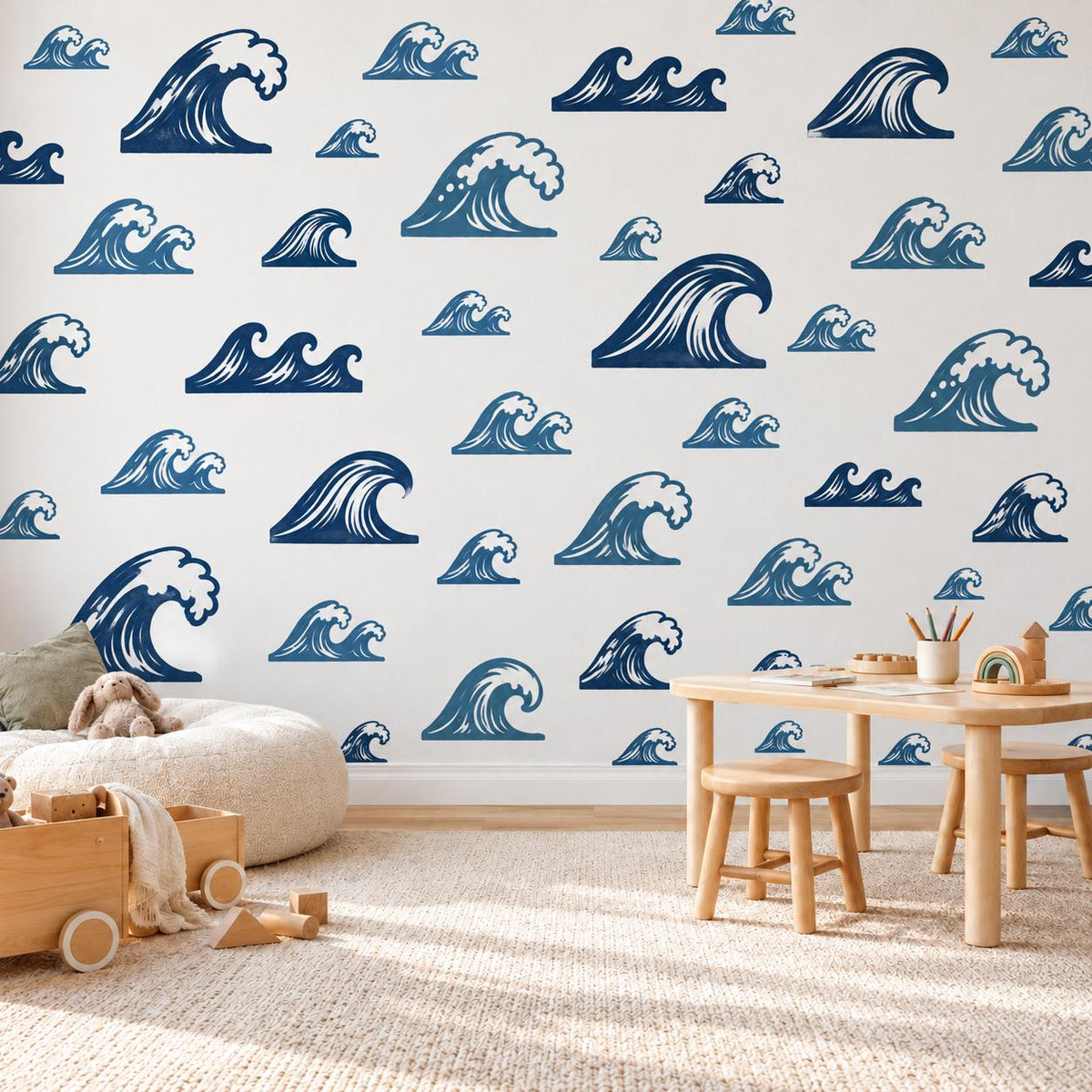 Wave Wall Stickers, Ocean Nursery Decor, Navy Blue Sea Wave Wall Decals, Surf Beach Boys Kids Room Coastal Peel and Stick Wall Art