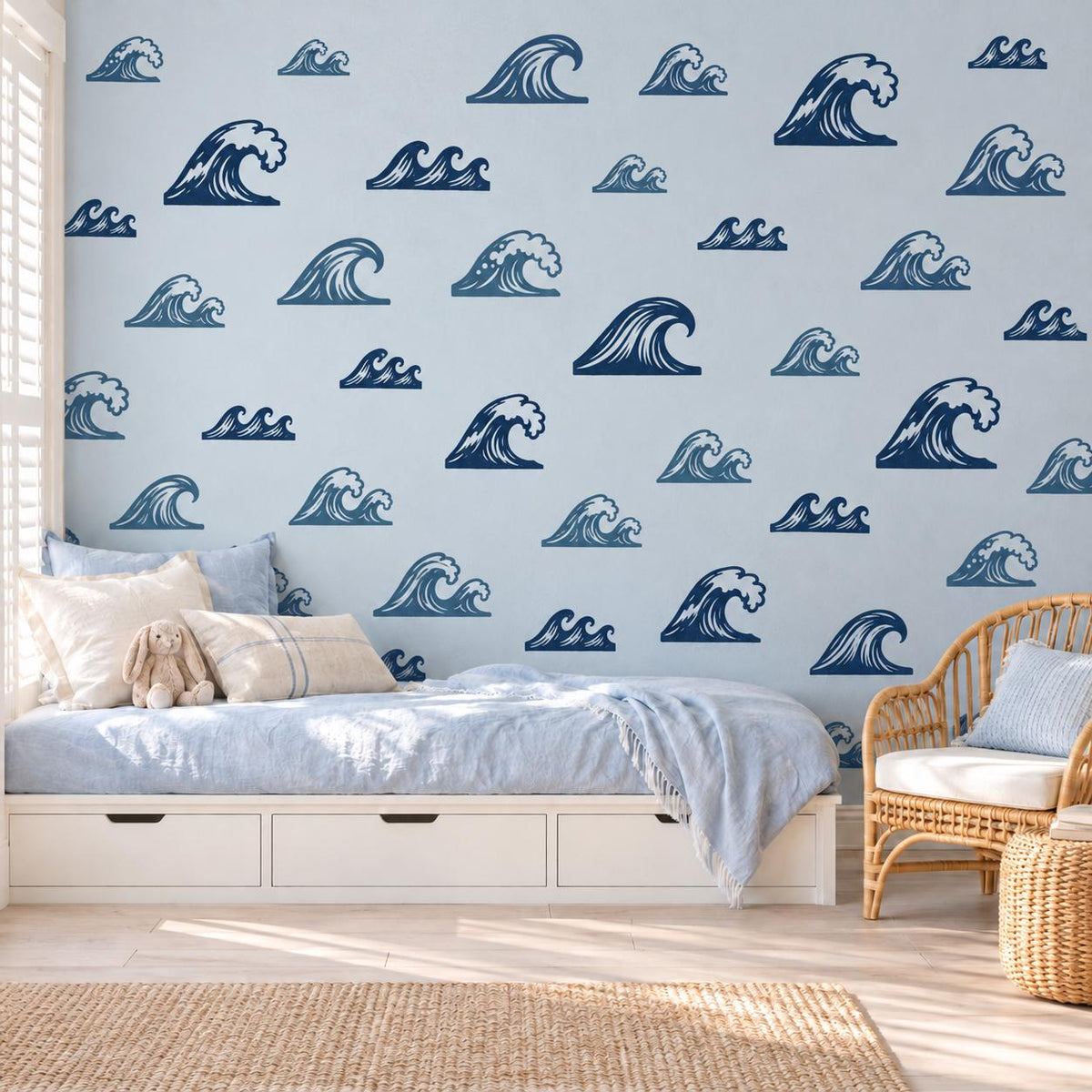 Wave Wall Stickers, Ocean Nursery Decor, Navy Blue Sea Wave Wall Decals, Surf Beach Boys Kids Room Coastal Peel and Stick Wall Art