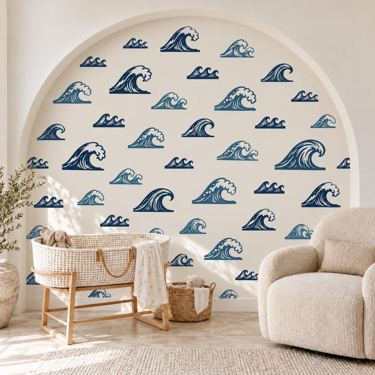 Wave Wall Stickers, Ocean Nursery Decor, Navy Blue Sea Wave Wall Decals, Surf Beach Boys Kids Room Coastal Peel and Stick Wall Art