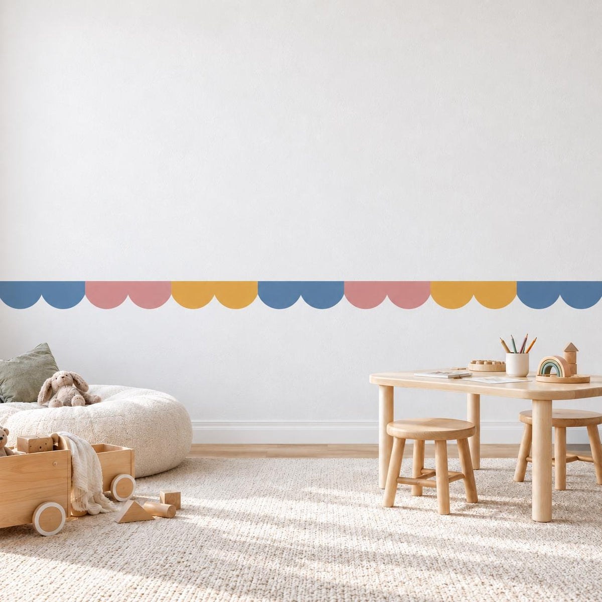 Scallop Wall Border Stickers, Blue Pink Mustard Nursery Decor, Scalloped Wall Decals, Kids Room Playroom Border Peel and Stick Wall Trim
