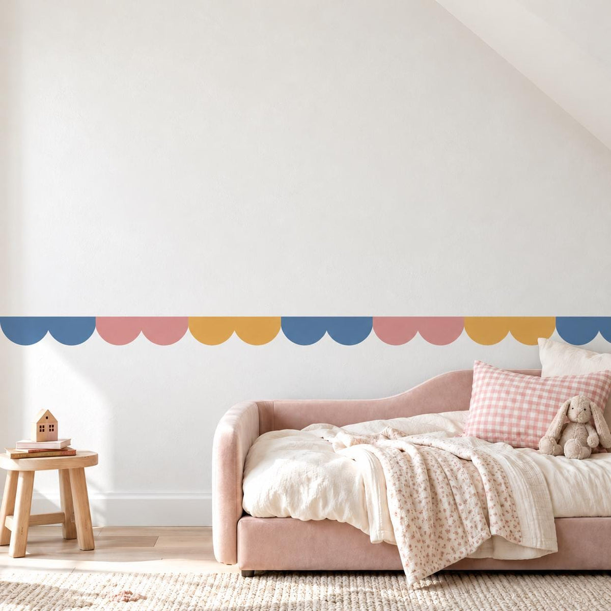 Scallop Wall Border Stickers, Blue Pink Mustard Nursery Decor, Scalloped Wall Decals, Kids Room Playroom Border Peel and Stick Wall Trim